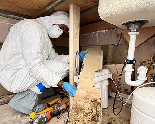 Man performing Water Leak Detection under a house with Stallion Restoration